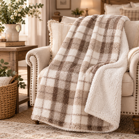 Plaid Sherpa Caldo e Soffice Beige a Quadri Tartan 430 GSM – Blanc Mariclò, 160x200cm