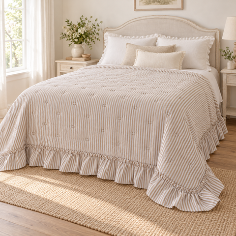 Trapunta Matrimoniale Rigata Beige con Gala Collezione Sogno Vichy – Blanc MariClò, 260x260cm