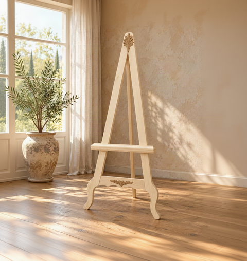 Cavalletto espositore shabby chic in legno fatto a mano ambientato