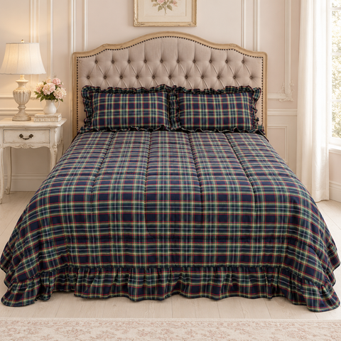 Set Letto Natalizio Tartan Blu con Trapunta, Scaldotto e Cuscini – Kaluka Shabby Chic
