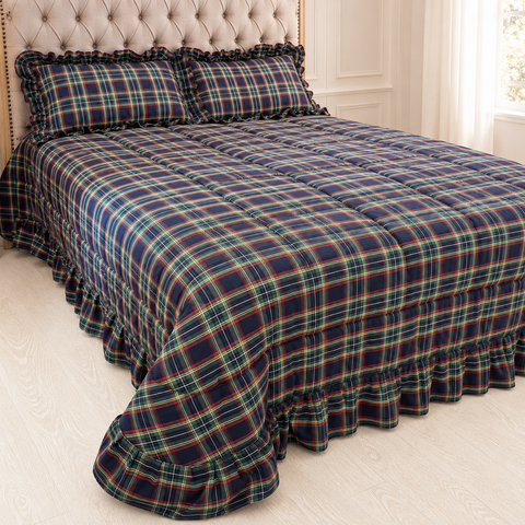 Set Letto Natalizio Tartan Blu con Trapunta, Scaldotto e Cuscini – Kaluka Shabby Chic