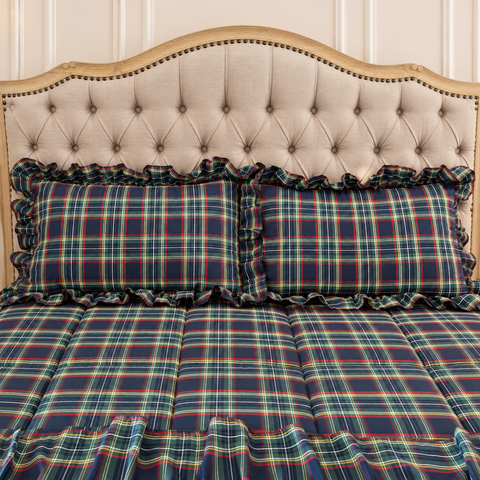 Set Letto Natalizio Tartan Blu con Trapunta, Scaldotto e Cuscini – Kaluka Shabby Chic
