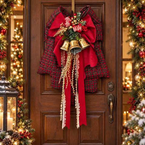 Fiocco Natalizio Aura in Tartan e Velluto con Tris di Campane – Linea Noël by Mata Creazioni, 65x38 cm