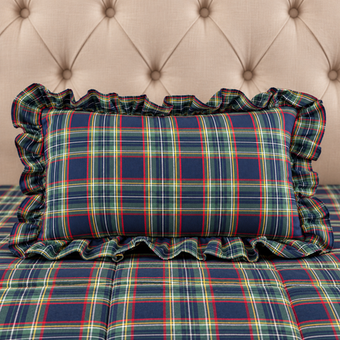 Set Letto Natalizio Tartan Blu con Trapunta, Scaldotto e Cuscini – Kaluka Shabby Chic