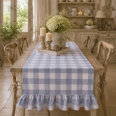Runner con Gala 10cm Bolgheri Azzurro by Blanc Mariclò - Cotone, 50x160 cm