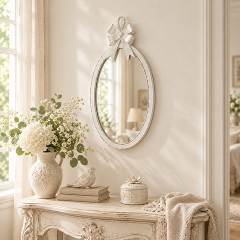 Specchio Ovale Fiocco in Metallo Bianco – Mathilde M, 22 x 41cm