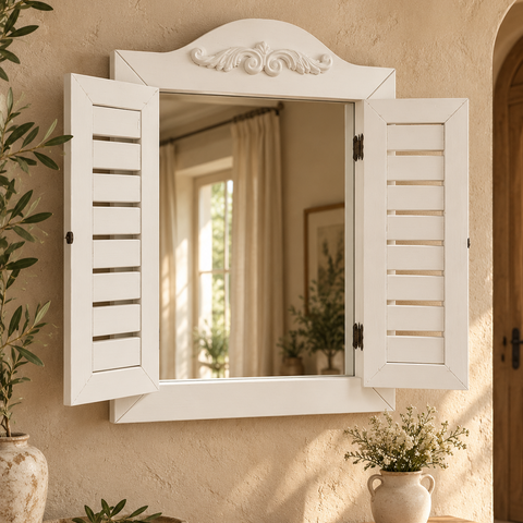 Specchio con ante a persiana in legno aperto