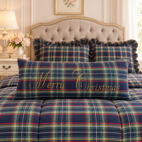 Set Letto Natalizio Tartan Blu con Trapunta, Scaldotto e Cuscini – Kaluka Shabby Chic