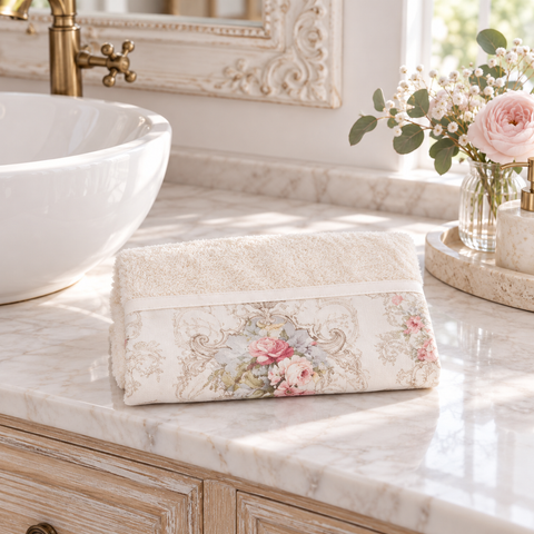 Coppia Asciugamani in Spugna con Balza Floreale Collezione Coco – Blanc MariClò, 40x60 e 60x100cm