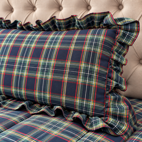 Set Letto Natalizio Tartan Blu con Trapunta, Scaldotto e Cuscini – Kaluka Shabby Chic