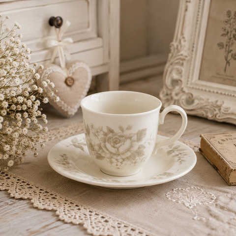 Tazza da Tè con Piattino Splendor Beige in Ceramica by Blanc Mariclò - 200 ml 15.5x8x15.5 cm