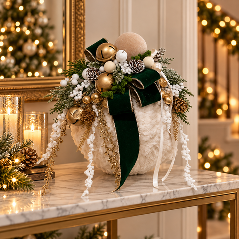 Semisfera Decorativa Snow in Montone con Composizione Natalizia – Linea Montone by Mata Creazioni