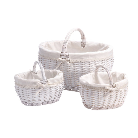Set 3 Cestini Ovali in Salice Intrecciato Bianco con Manico e Balza in Pizzo