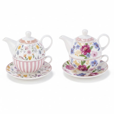 Set Teiera con Tazza in Porcellana - Decoro floreale botanico illustrato