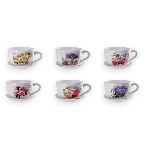 Vaso in Ceramica a Forma di Tazza con Sottovaso – 6 Decori Floreali – 30x22,5xH15 cm