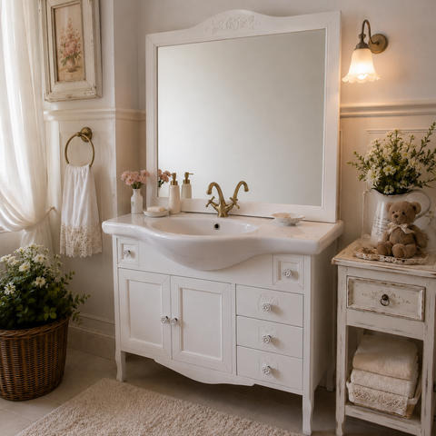Mobile Bagno Bianco con Specchiera e Lavabo in Ceramica - 105x50cm