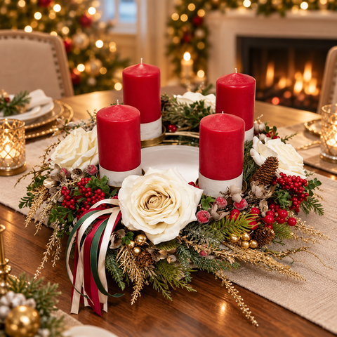 Centrotavola dell'Avvento Tondo con 4 Candele Rosse e Rose Panna – Linea Noël by Mata Creazioni, Ø 50 cm