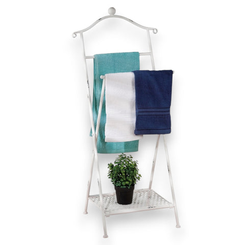 Porta Salviette in Ferro – 46x34,5xH98 cm – Stile Shabby Chic con Ripiano