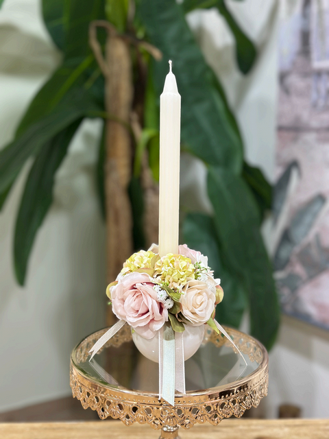 Petit Bon Bon in Ceramica con Candela Decorata e Composizione Floreale | Mata Creazioni