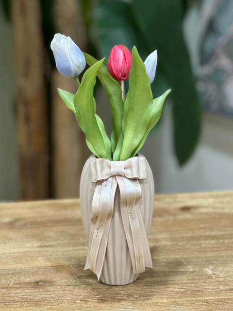 Vaso Plissè Rovescio in Ceramica con Tulipani e Scatola Regalo - Mata Creazioni
