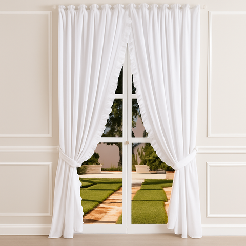 Coppia Tende "Ninfea" Bianche in Misto Cotone con Volant - 150x300cm