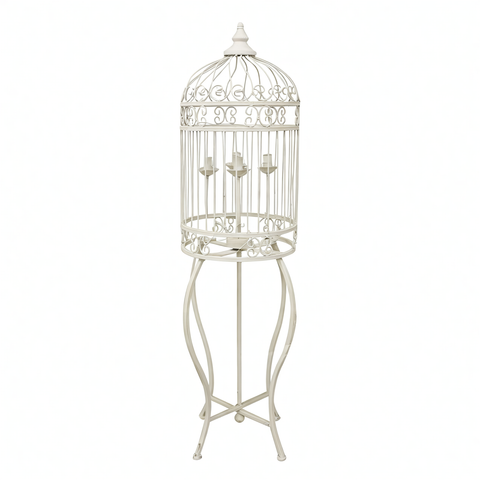 Piantana Gabbietta Crema Shabby Chic in Ferro Battuto a 4 Luci - 40x40x156cm