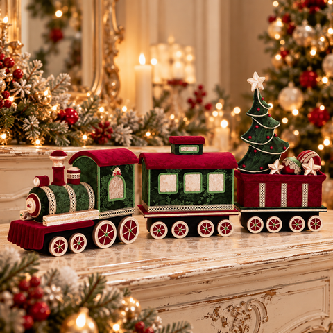 Trenino di Natale Decorativo in Velluto Verde, Rosso e Oro, Set da 3 – Goodwill, 141cm