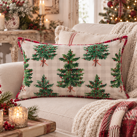 Cuscino Rettangolare con Applicazioni e Dettagli Tartan – Magia di Abeti Collection by Blanc Mariclò, 35x60cm
