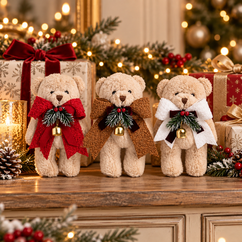 Orsetto Ralph Charm con Fiocco Bouclè e Campanello – Linea Teddy by Mata Creazioni, H 22 cm