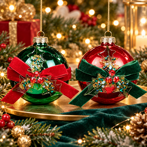 Palla di Natale in Vetro con Fiocco in Velluto e Agrifoglio – Goodwill, Ø 10cm