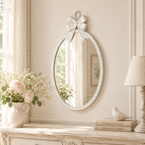 Specchio Ovale Fiocco Grande in Metallo Bianco – Mathilde M, 26 x 48 cm