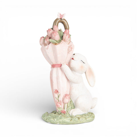 Statuetta decorativa coniglio con ombrello floreale – 15 cm (bianco/rosa, plastica) by Clayre & Eef