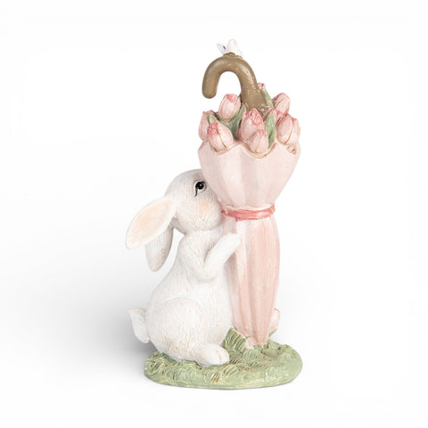 Statuetta decorativa coniglio con ombrello floreale – 15 cm (bianco/rosa, plastica) by Clayre & Eef