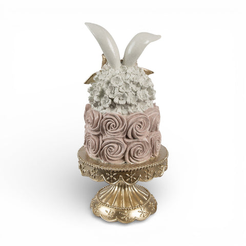Statuetta decorativa torta su piedistallo con orecchie di coniglio – Ø 17x35 cm (bianco/rosa, plastica) by Clayre & Eef