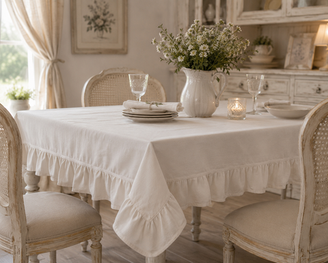 Tovaglia Starlette Bianca Shabby Chic con Volant - 170x300cm o 140x220cm