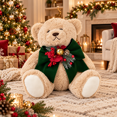 Orsetto Bryan Peluche con Fiocco Natalizio e Campanello – Linea Teddy by Mata Creazioni, H 35 cm