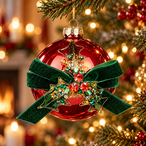 Palla di Natale in Vetro con Fiocco in Velluto e Agrifoglio – Goodwill, Ø 10cm