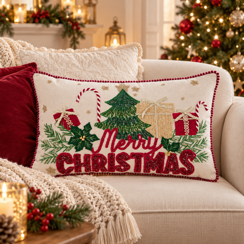 Cuscino Rettangolare Natalizio con Ricami e Scritta "Merry Christmas" – Blanc Mariclò, 30x50cm