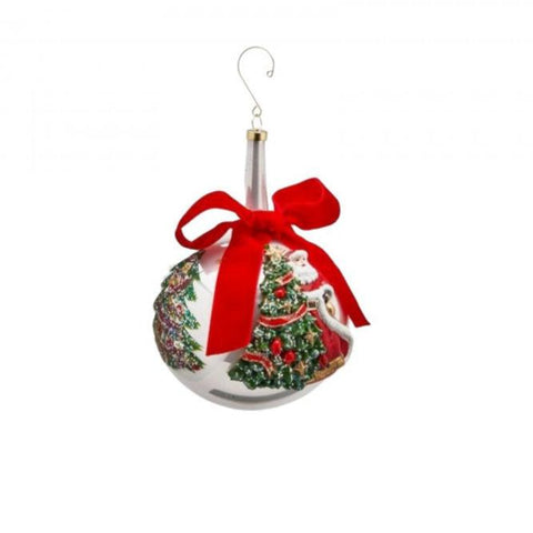 Palla di Natale in Vetro con Babbo Natale e Fiocco Rosso – Collo Lungo Ø 12 cm – EDG