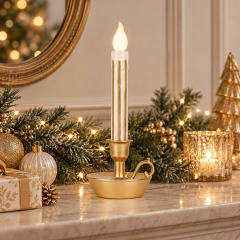 Decorazione Natalizia Bugia Candelabro Singolo a LED Oro - Clayre & Eef, 13x12x32 cm