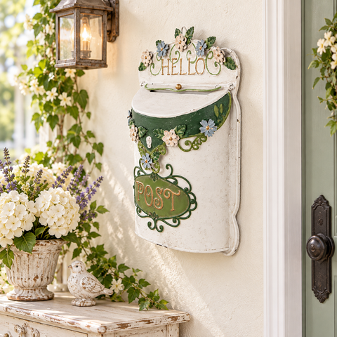 Cassetta Postale Decorativa Vintage in Metallo Bianco e Verde - Clayre & Eef, 27x10x42 cm