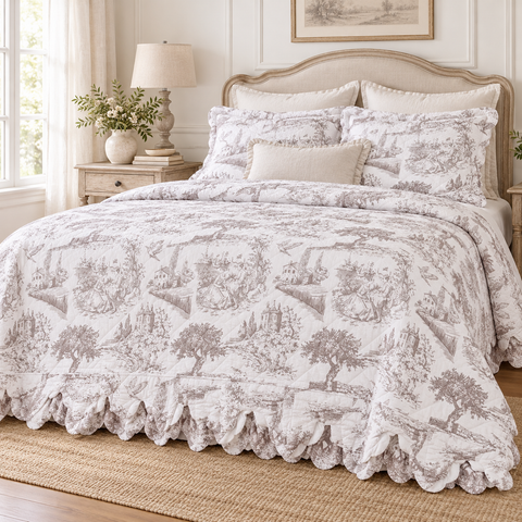 Trapunta Matrimoniale Toile de Jouy Grigio e Bianco 360 GSM Collezione Toile de Jouy – Blanc MariClò, 250x250cm