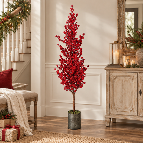 Albero Artificiale Decorativo con Bacche Rosse e Vaso in Ferro - 21x162 cm