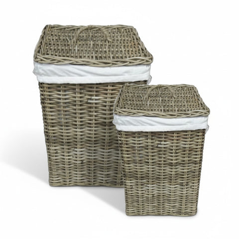 Cesto Portabiancheria con Coperchio in Rattan e Cotone by Blanc Mariclò - 42 x 42 x 62 cm, 37 x 37 x 58 cm
