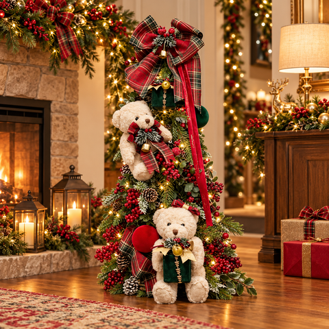 Albero Gift For You con Orsetti Peluche e Fiocco Tartan – Linea Teddy by Mata Creazioni, H 65 cm