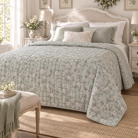 Trapunta Matrimoniale Floreale Verde Salvia 290 GSM – Hiver Fleuri by Blanc Mariclò, 260x260cm