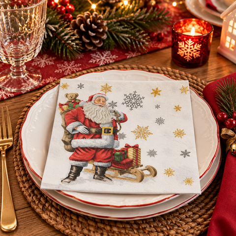 Tovaglioli di Carta Natalizi Set 20 Pz Babbo Natale Slitta Fiocchi di Neve - Clayre & Eef, 33x33 cm