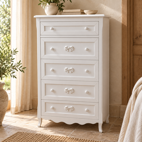 Cassettiera Alta 5 Cassetti con Fiocchi – Kaluka Shabby Chic