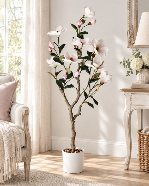 Vaso in Ceramica con fiori di Magnolia (Artificiale) - Bianco con sfumature rosa, 17x125 cm