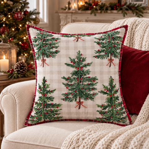 Cuscino Quadrato con Applicazioni e Dettagli Tartan – Magia di Abeti Collection by Blanc Mariclò, 45x45 cm